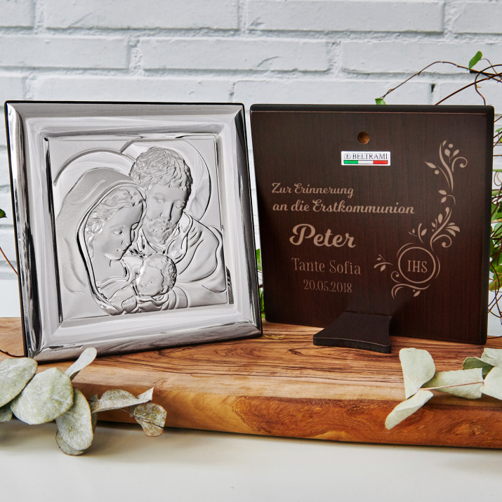 Erstkommunion - Heilige Familie - Quadrat - Silbernes Bild mit Gravur